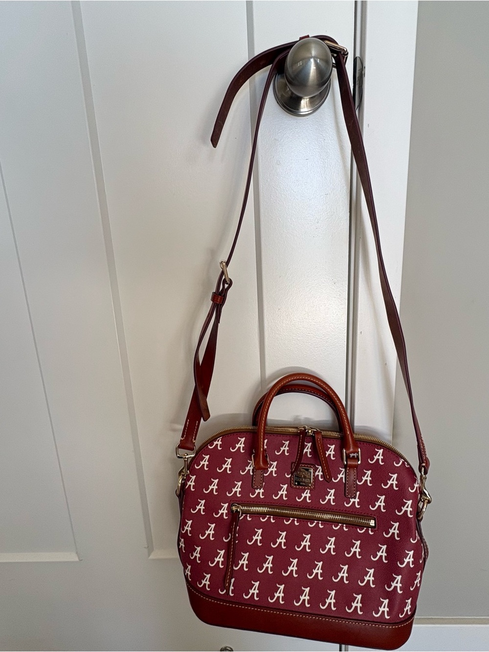 Dooney & Bourke Maroon Script A Satchel with Brown Trim